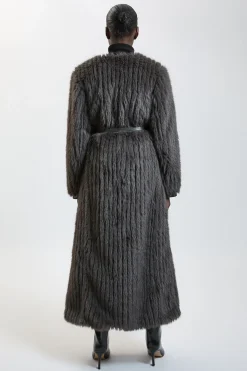 Manteau Long Texturé En Synthétique Avec Ceinture Et Sans Col