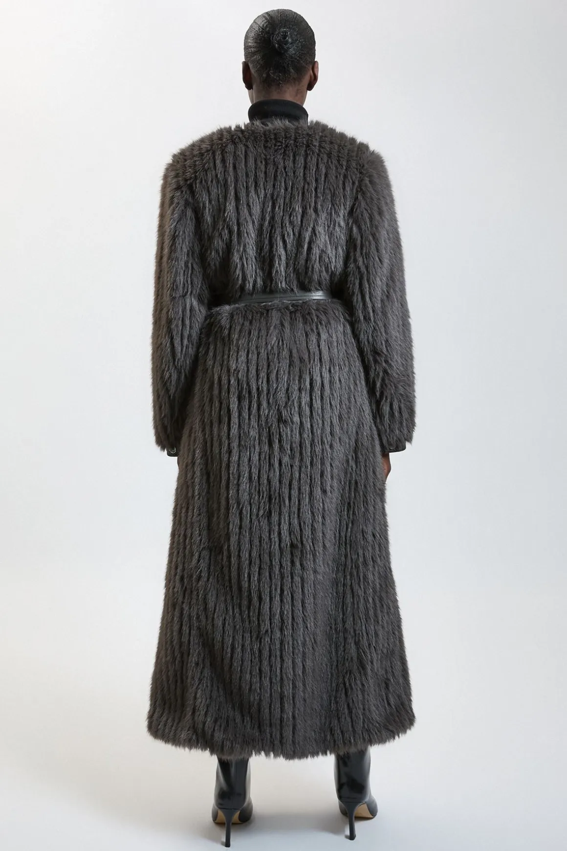 Manteau Long Texturé En Synthétique Avec Ceinture Et Sans Col