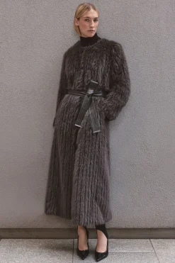 Manteau Long Texturé En Synthétique Avec Ceinture Et Sans Col