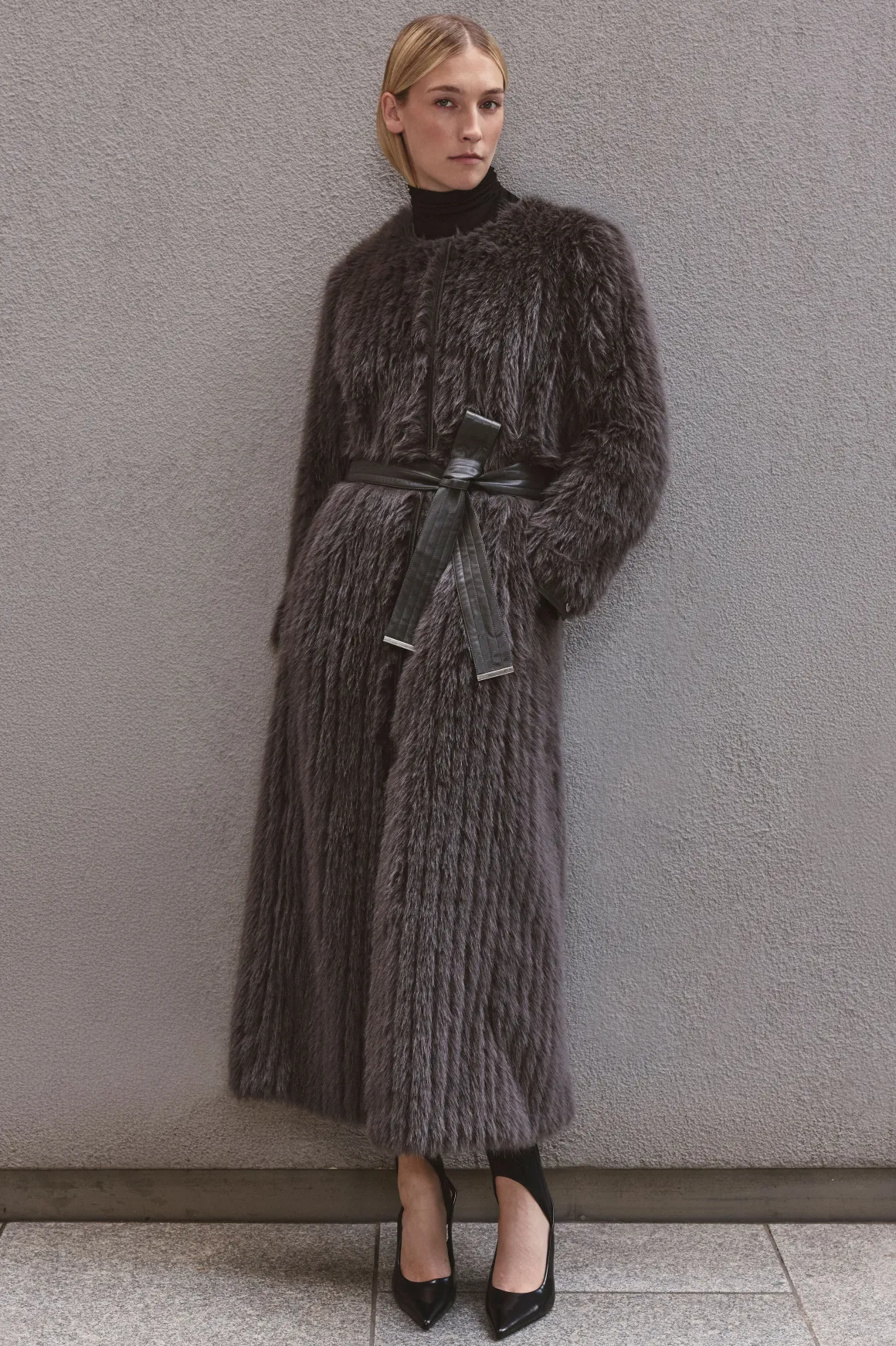 Manteau Long Texturé En Synthétique Avec Ceinture Et Sans Col