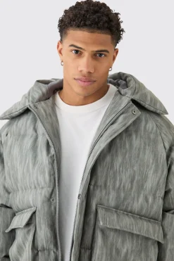 Manteau Matelassé à Casynthétiqueche Oversize Boxy en Synthétique Délavé Gris