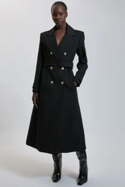 Manteau Maxi Ajusté Compact Extensible Avec Ceinture À Nouer