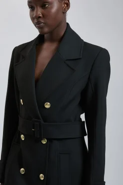 Manteau Maxi Ajusté Compact Extensible Avec Ceinture À Nouer