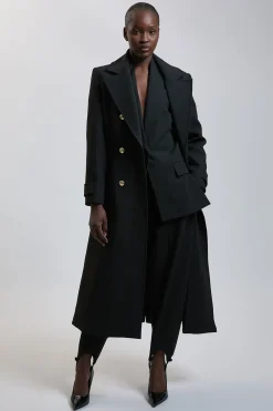 Manteau Maxi Ajusté Compact Extensible Avec Ceinture À Nouer