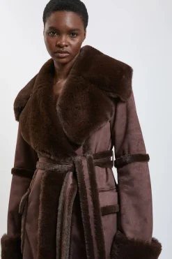 KarenMillen Manteau Maxi à Col et Poignets en Fausse Peau Lainée avec Ceinture Nouée<Femme Manteaux Et Vestes D’Automne|Vestes & Manteaux