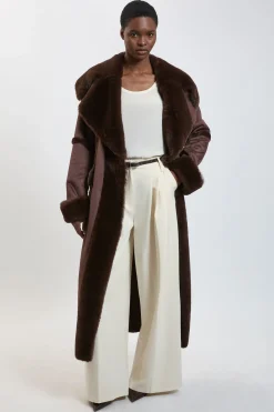KarenMillen Manteau Maxi à Col et Poignets en Fausse Peau Lainée avec Ceinture Nouée<Femme Manteaux Et Vestes D’Automne|Vestes & Manteaux