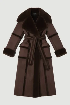 KarenMillen Manteau Maxi à Col et Poignets en Fausse Peau Lainée avec Ceinture Nouée<Femme Manteaux Et Vestes D’Automne|Vestes & Manteaux