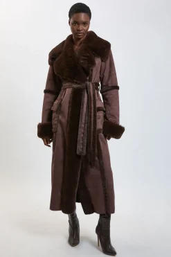 KarenMillen Manteau Maxi à Col et Poignets en Fausse Peau Lainée avec Ceinture Nouée<Femme Manteaux Et Vestes D’Automne|Vestes & Manteaux