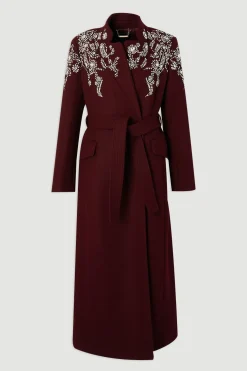KarenMillen Manteau Maxi en Laine avec Ornements Cristal, Col Cranté et Ceinture<Femme Manteaux Et Vestes D’Automne|Vestes & Manteaux