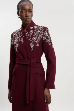 KarenMillen Manteau Maxi en Laine avec Ornements Cristal, Col Cranté et Ceinture<Femme Manteaux Et Vestes D’Automne|Vestes & Manteaux