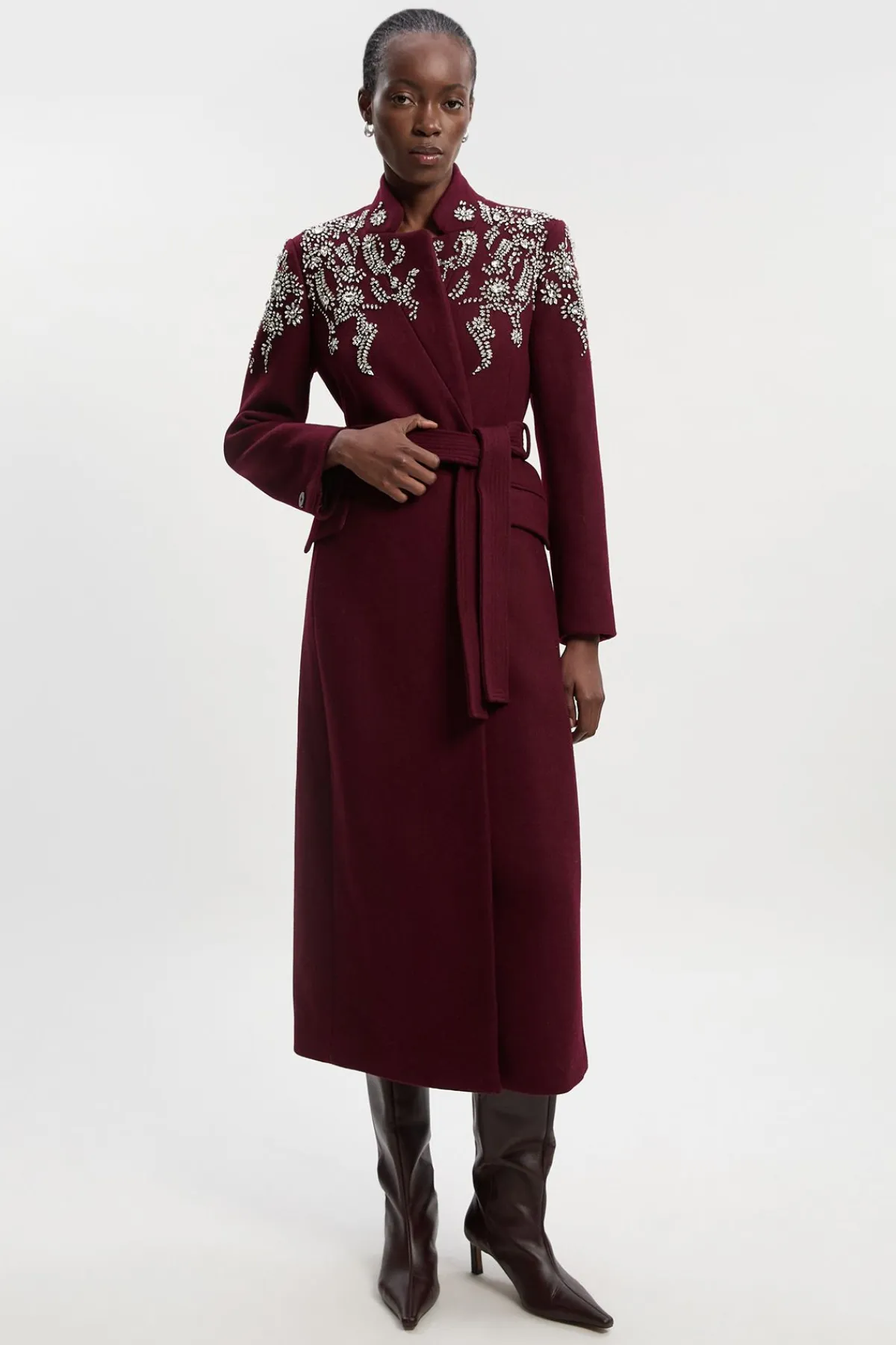 KarenMillen Manteau Maxi en Laine avec Ornements Cristal, Col Cranté et Ceinture<Femme Manteaux Et Vestes D’Automne|Vestes & Manteaux
