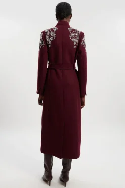 KarenMillen Manteau Maxi en Laine avec Ornements Cristal, Col Cranté et Ceinture<Femme Manteaux Et Vestes D’Automne|Vestes & Manteaux