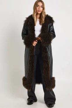 boohoo Manteau Maxi En Synthétiquecuir Avec Bordure En Synthétique<Femme Vestes & Manteaux