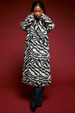 Manteau Maxi Imprimé Zèbre Aspect Laine