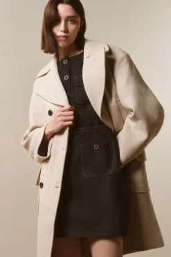 Manteau Midi Ajusté en Laine avec Poches Plaquées