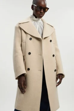 Manteau Midi Ajusté en Laine avec Poches Plaquées