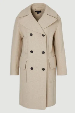 Manteau Midi Ajusté en Laine avec Poches Plaquées