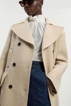 Manteau Midi Ajusté en Laine avec Poches Plaquées