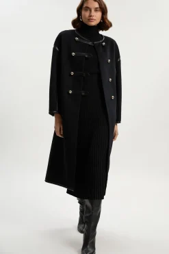 Manteau Midi Ajusté Sans Col en Mélange de Laine Brossée et synthétique