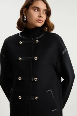 Manteau Midi Ajusté Sans Col en Mélange de Laine Brossée et synthétique