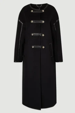 Manteau Midi Ajusté Sans Col en Mélange de Laine Brossée et synthétique