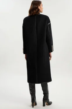 Manteau Midi Ajusté Sans Col en Mélange de Laine Brossée et synthétique