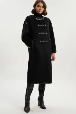 Manteau Midi Ajusté Sans Col en Mélange de Laine Brossée et synthétique