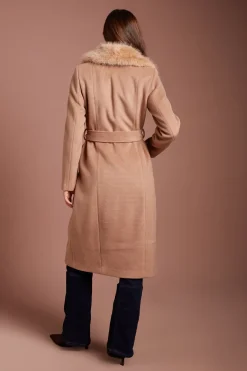 Manteau Midi Camel À Col En Synthétique Avec Ceinture Pour Occasions Spéciales