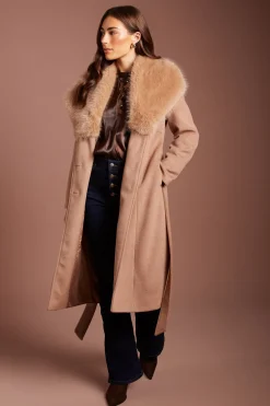 Manteau Midi Camel À Col En Synthétique Avec Ceinture Pour Occasions Spéciales