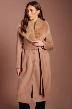Manteau Midi Camel À Col En Synthétique Avec Ceinture Pour Occasions Spéciales