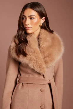 Manteau Midi Camel À Col En Synthétique Avec Ceinture Pour Occasions Spéciales