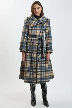 Manteau Midi Ceinturé À Carreaux En Laine Avec Finitions SYNTHÉTIQUE