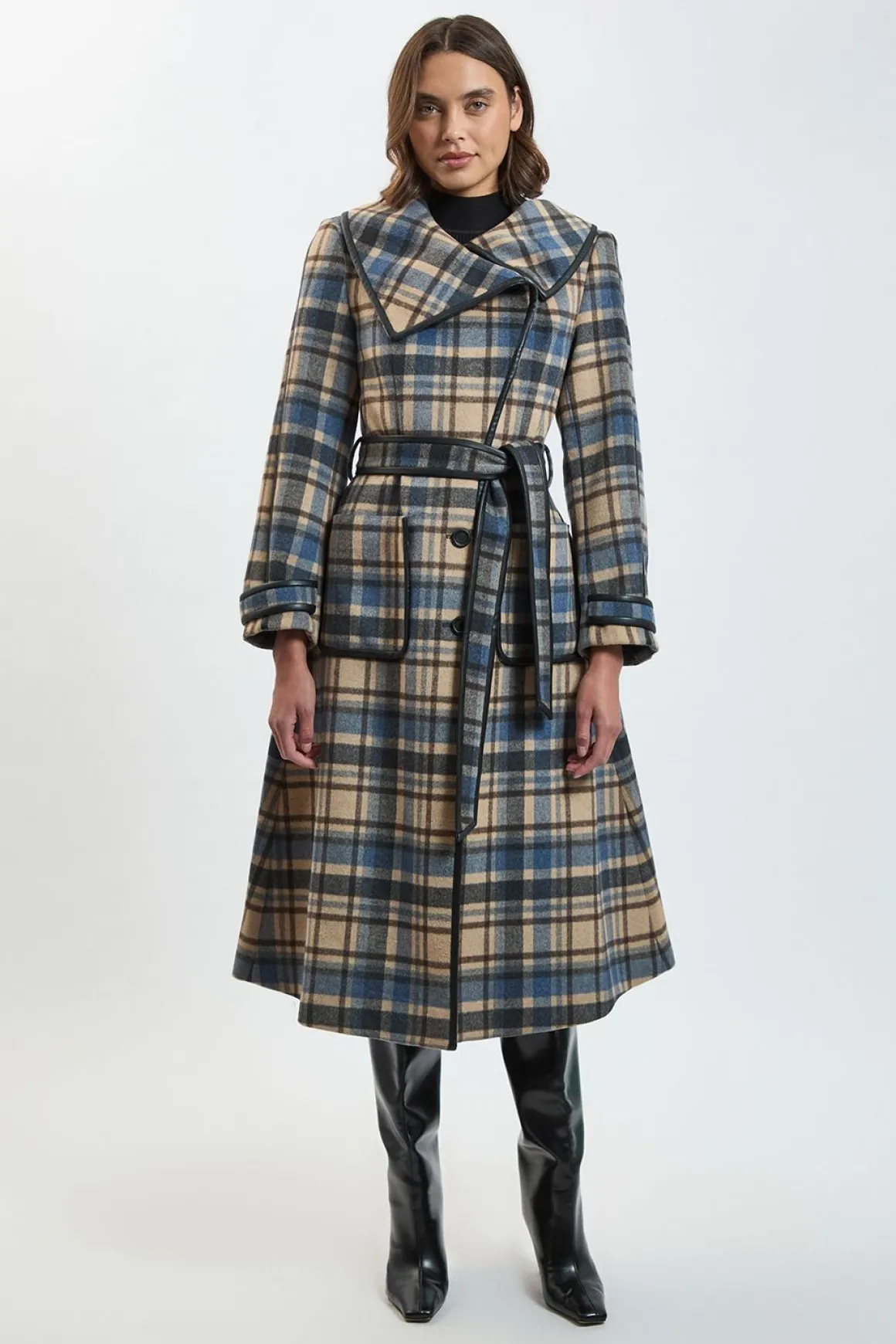 Manteau Midi Ceinturé À Carreaux En Laine Avec Finitions SYNTHÉTIQUE