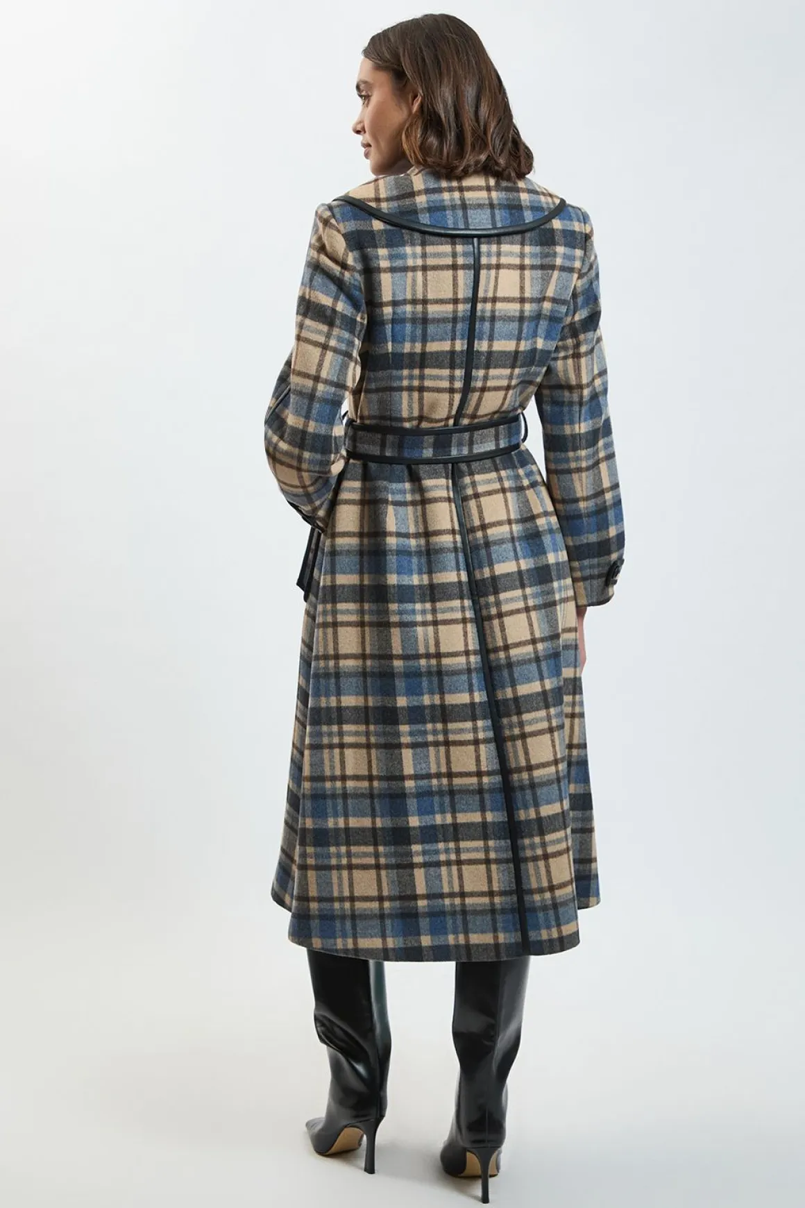 Manteau Midi Ceinturé À Carreaux En Laine Avec Finitions SYNTHÉTIQUE