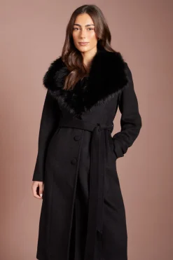 Manteau Midi Ceinturé D'occasion Noir À Col En Synthétique