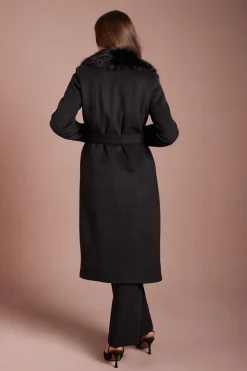 Manteau Midi Ceinturé D'occasion Noir À Col En Synthétique