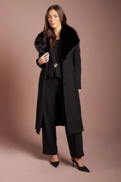 Manteau Midi Ceinturé D'occasion Noir À Col En Synthétique