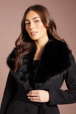 Manteau Midi Ceinturé D'occasion Noir À Col En Synthétique