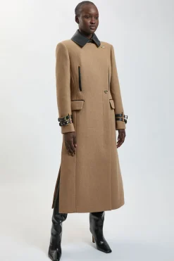 Manteau Midi Ceinturé En Laine Avec Détails En Synthétiquecuir