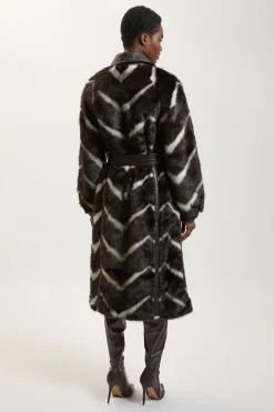 Manteau Midi Ceinturé À Panneaux Rayés En Synthétique Avec Détails Piqués En Synthétiquecuir