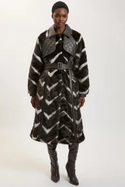Manteau Midi Ceinturé À Panneaux Rayés En Synthétique Avec Détails Piqués En Synthétiquecuir