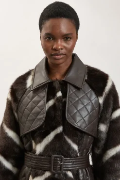 Manteau Midi Ceinturé À Panneaux Rayés En Synthétique Avec Détails Piqués En Synthétiquecuir