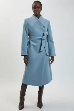 Manteau Midi Cintré En Laine Avec Col Cache-cœur Et Ceinture