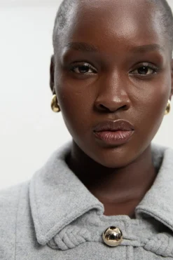 Manteau Midi Cintré Petite avec Détail Nœud en Laine et Fermeture à Boucle