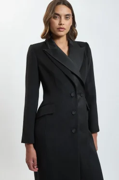 Manteau Midi En Mélange De Laine Brossée Et Satin Contrasté