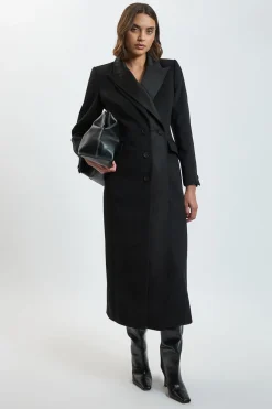 Manteau Midi En Mélange De Laine Brossée Et Satin Contrasté