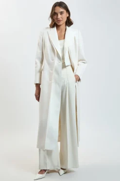 Manteau Midi En Mélange De Laine Brossée Et Satin Contrasté