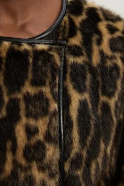 Manteau Midi en synthétique Léopard sans Col avec Ceinture à Nouer
