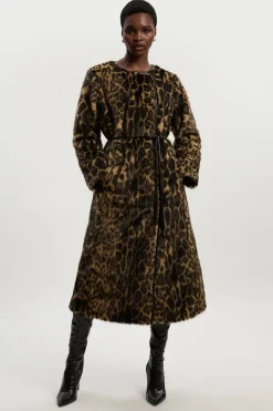 Manteau Midi en synthétique Léopard sans Col avec Ceinture à Nouer