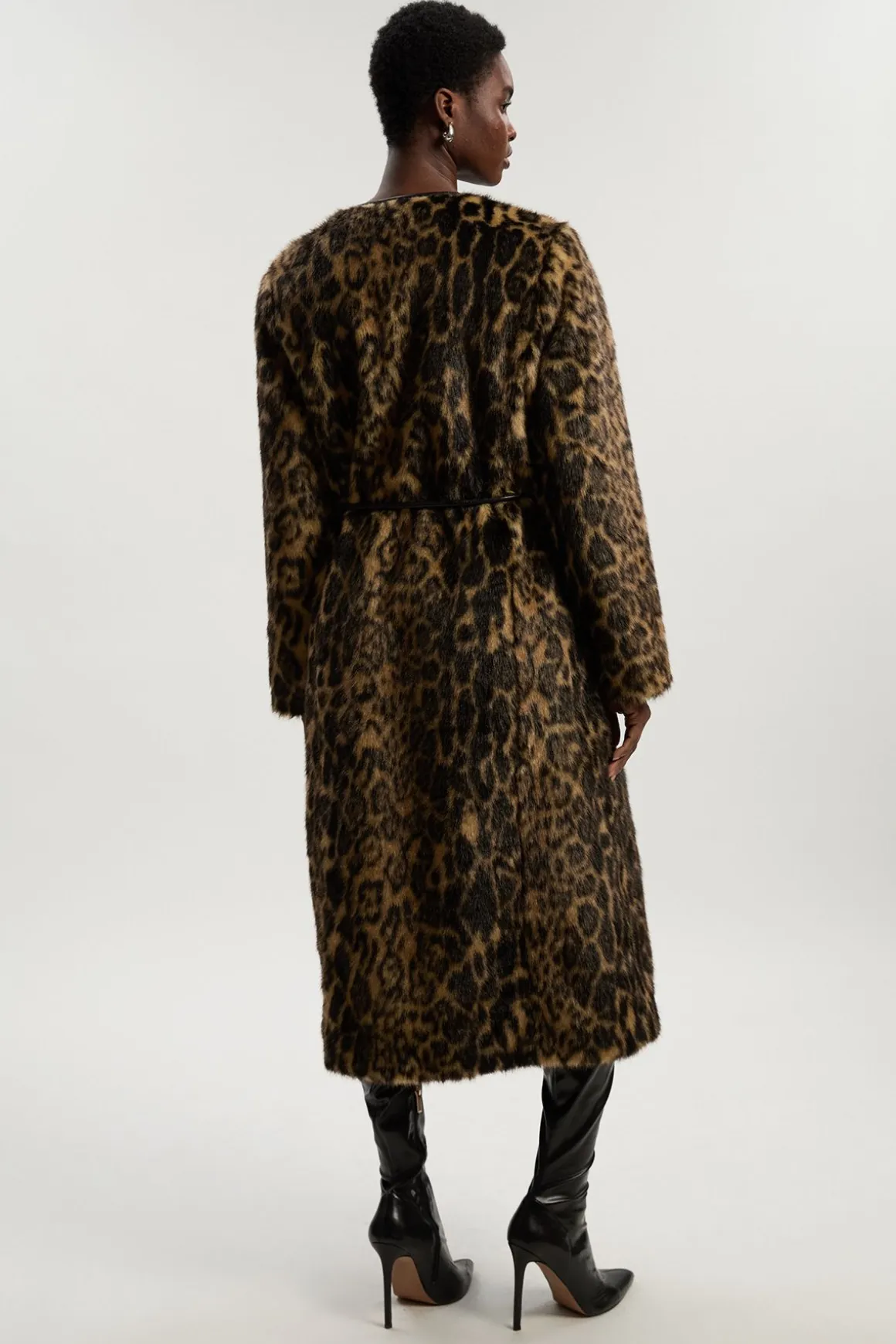 Manteau Midi en synthétique Léopard sans Col avec Ceinture à Nouer